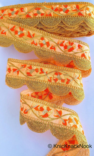 Green / Yellow / Orange And Gold Embroidered Fabric Trim With Floral Embroidery, Scallop Trim, Approx. 65mm Wide - 210119L174 / 75 / 76